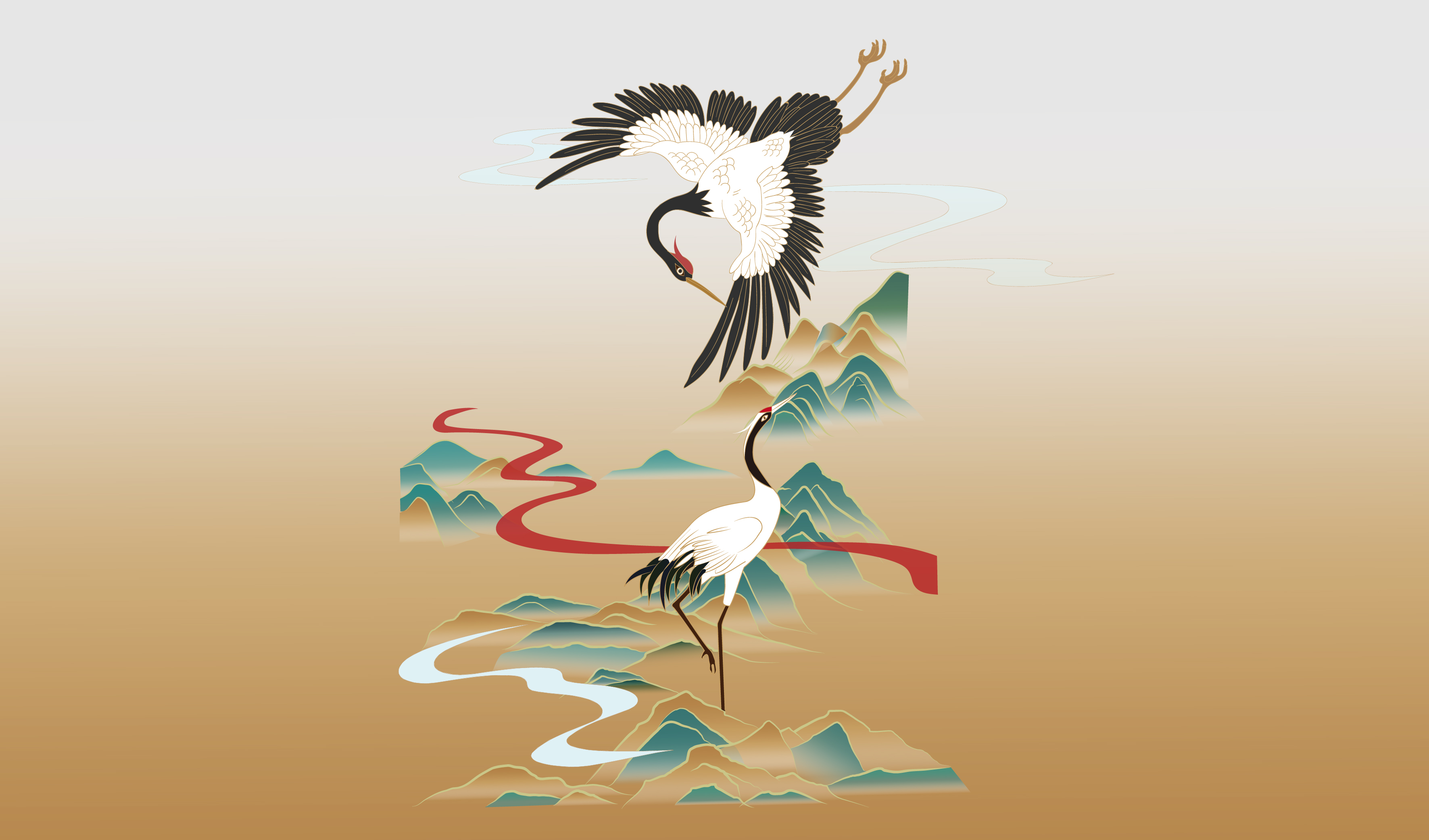 传统插画 鹤 云纹 山水 彩色矢量插画